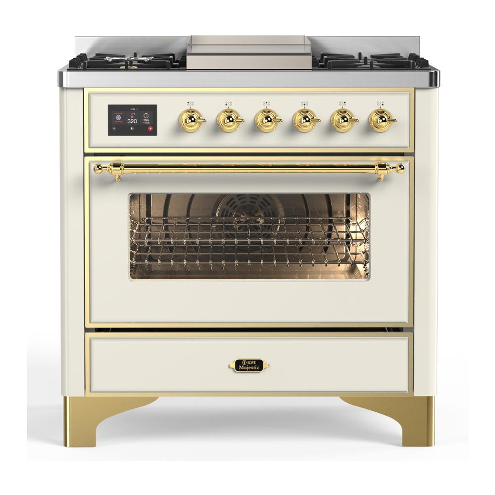 Ilve UM36FNR3AWG Ilve Um36Fnr3Awg Majestic Iii 36 Inch Dual Fuel Range With 6 Black Brass Burners And Griddle, Dual Function Burner Up To 25,000 Btu (Triple Glass Door, Antique White, Brass, Natural Gas)
