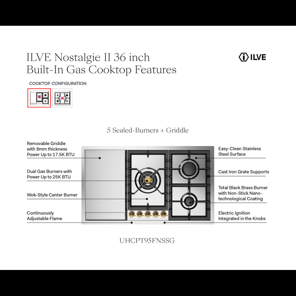 Ilve UHCPT95FNSSGLP Ilve Uhcpt95Fnssglp Nostalgie Ii 36 Inch Built-In Gas Cooktop With Total Black Brass Burners, In Stainless Steel (5 Sealed Burners + Griddle, Liquid Propane, Brass)