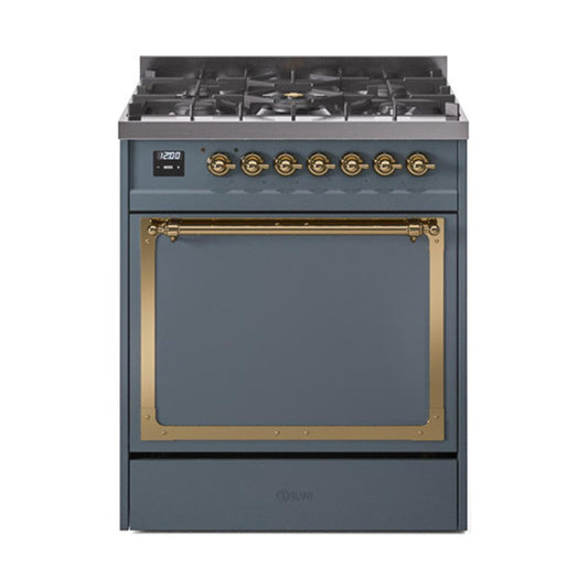 Ilve UN30QNMPBGG Ilve Un30Qnmpbgg Nostalgie Ii Noblesse 30" Dual Fuel Range (Natural Gas, Solid Door, Blue Grey, Brass)
