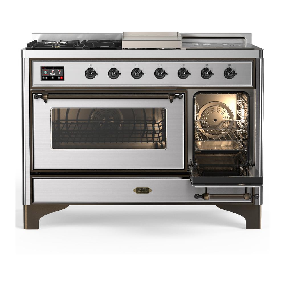 Ilve UM48FSNR3SSB Ilve Um48Fsnr3Ssb Majestic Iii 48 Inch Dual Fuel Range With 5 Black Brass Burners, Griddle And French Top, Dual Function Burner Up To 25,000 Btu (Natural Gas, Triple Glass Door, Stainless Steel, Burnished)