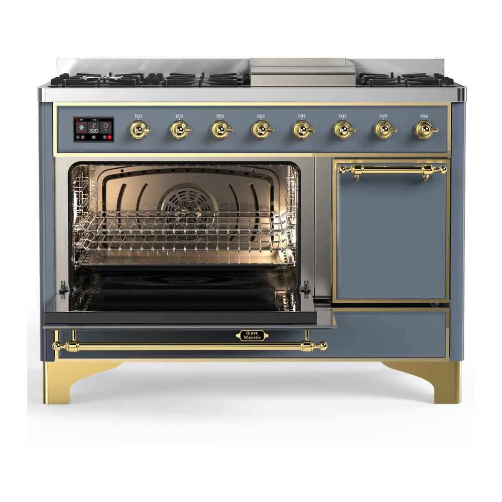Ilve UM48FQNR3BGGLP Ilve Um48Fqnr3Bgglp Majestic Iii 48 Inch Dual Fuel Range With 8 Burners And Griddle, Dual Function Burner Up To 25,000 Btu (Liquid Propane, Solid Door, Blue Grey, Brass)
