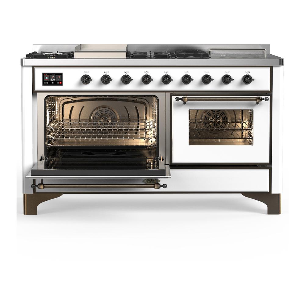 Ilve UM60FSNR3WHB Ilve Um60Fsnr3Whb Majestic Iii 60 Inch Dual Fuel Range With 7 Burners, Griddle And French Top, Dual Function Burner With Up To 25,000 Btu (Natural Gas, Triple Glass Door, White, Burnished)