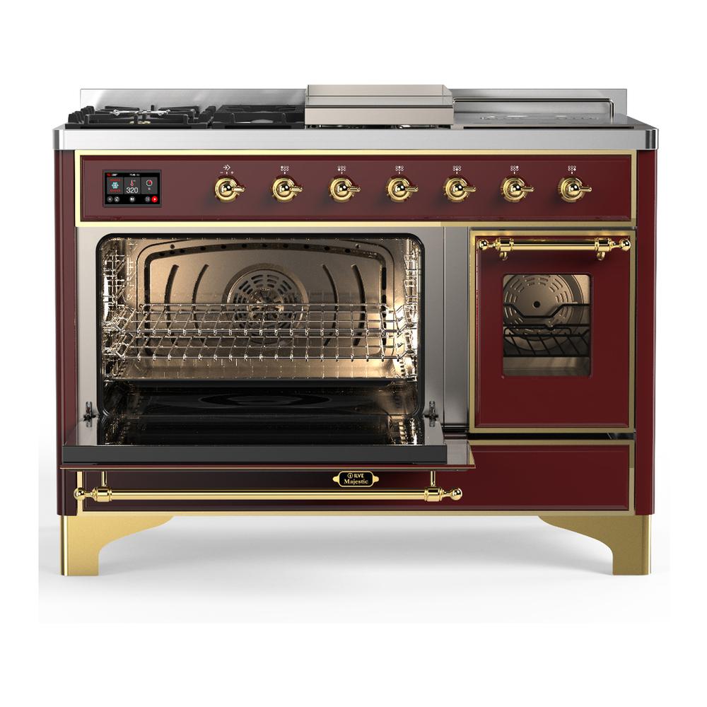 Ilve UM48FSNR3BUGLP Ilve Um48Fsnr3Buglp Majestic Iii 48 Inch Dual Fuel Range With 5 Black Brass Burners, Griddle And French Top, Dual Function Burner Up To 25,000 Btu (Liquid Propane, Triple Glass Door, Burgundy, Brass)