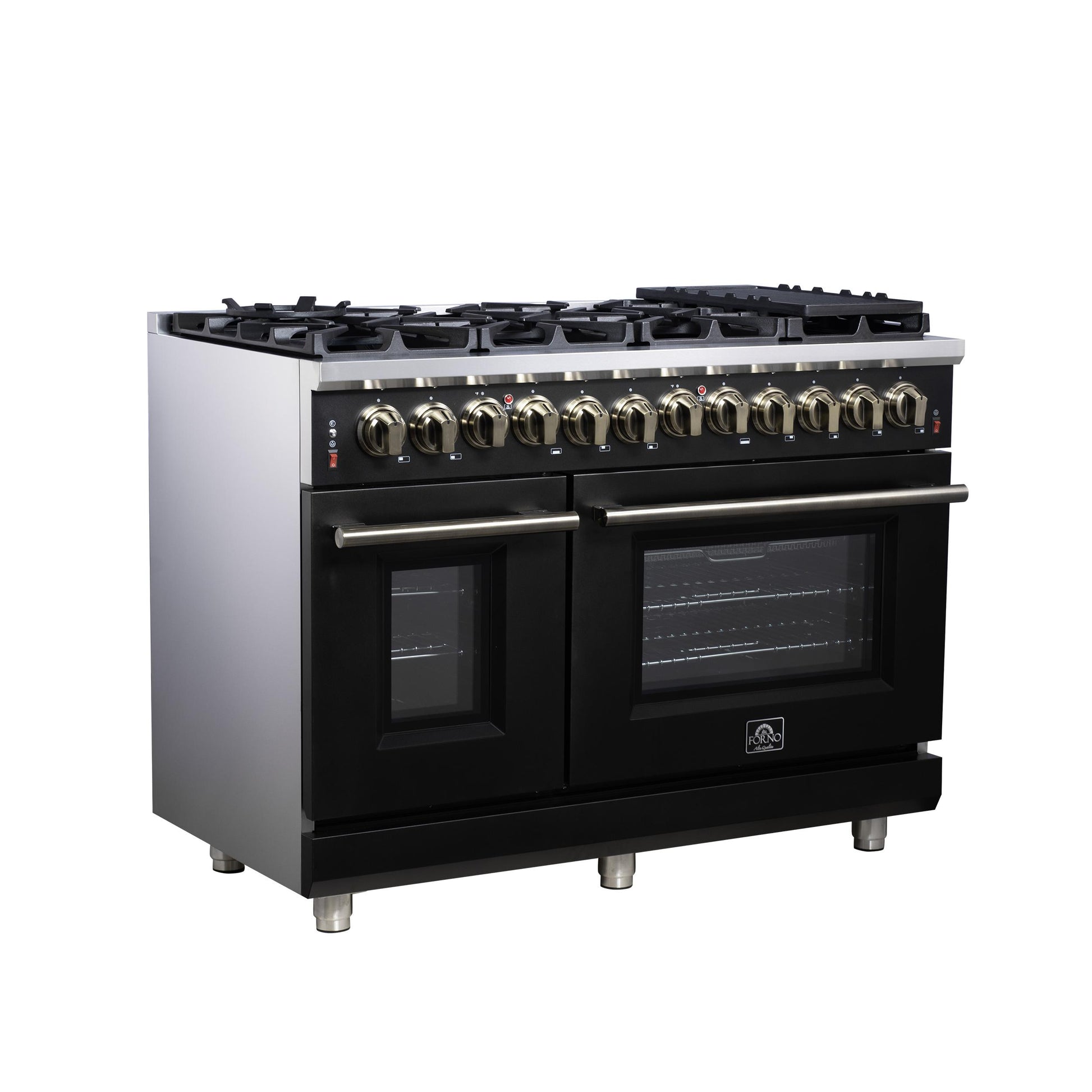 Forno FFSGS612548BLK Forno Massimo 48 Inch Freestanding Dual Fuel Range In Black With Antique Brass Accessories, 8 Burners, 6.58 Cu. Ft. Convection Oven
