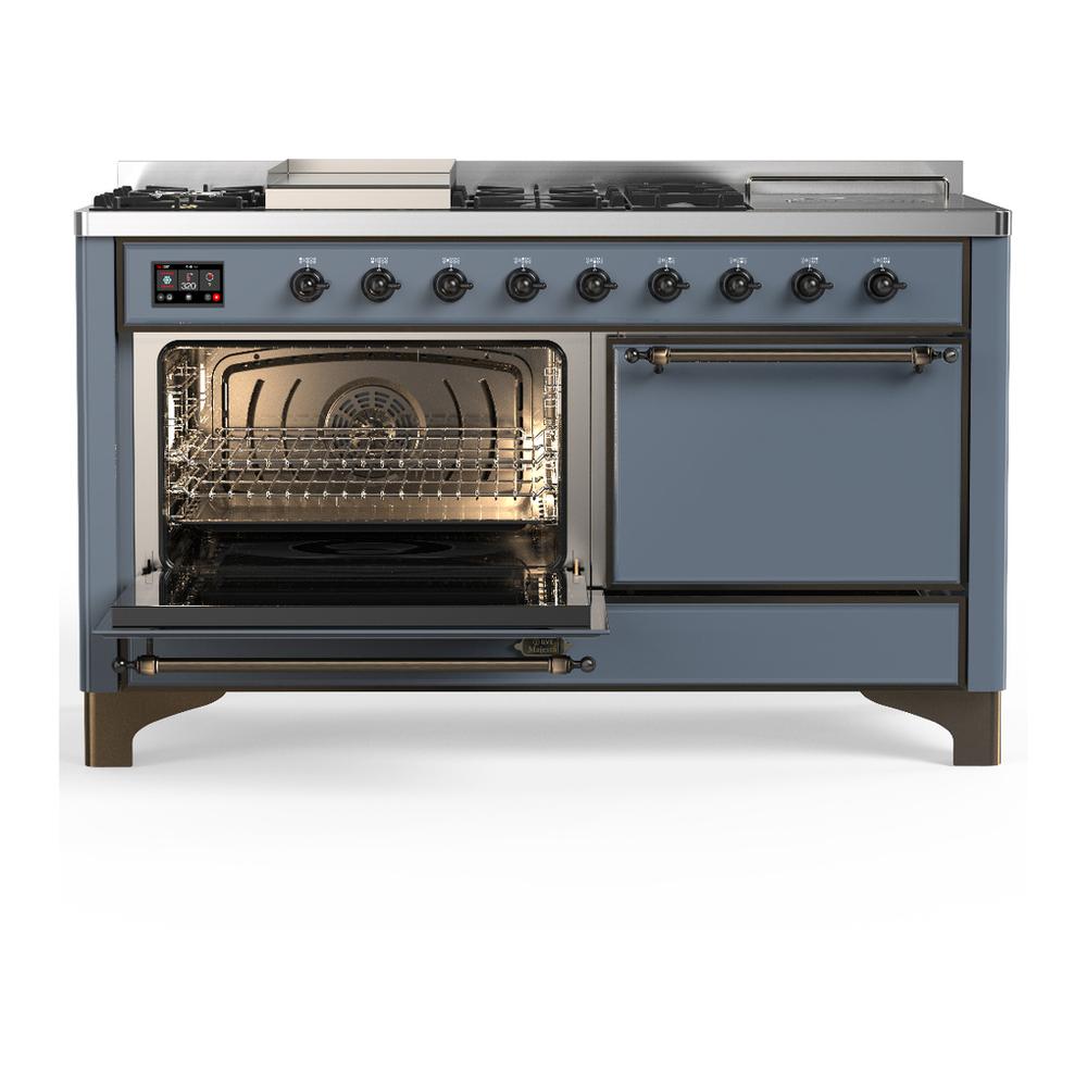 Ilve UM60FSQNR3BGB Ilve Um60Fsqnr3Bgb Majestic Iii 60 Inch Dual Fuel Range With 7 Burners, Griddle And French Top, Dual Function Burner With Up To 25,000 Btu (Natural Gas, Solid Door, Blue Grey, Burnished)