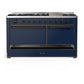 Ilve UM60FQNR3MBBLP Ilve Um60Fqnr3Mbblp Majestic Iii 60 Inch Dual Fuel Range With 9 Burners And Griddle, Dual Function Burner Up To 25,000 Btu (Liquid Propane, Solid Door, Midnight Blue, Burnished)