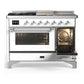 Ilve UM48FSNR3WHCLP Ilve Um48Fsnr3Whclp Majestic Iii 48 Inch Dual Fuel Range With 5 Black Brass Burners, Griddle And French Top, Dual Function Burner Up To 25,000 Btu (Liquid Propane, Triple Glass Door, White, Chrome)
