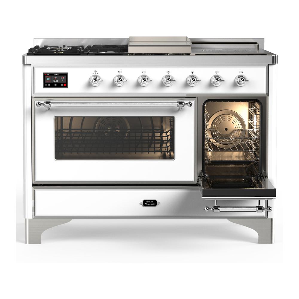 Ilve UM48FSNR3WHCLP Ilve Um48Fsnr3Whclp Majestic Iii 48 Inch Dual Fuel Range With 5 Black Brass Burners, Griddle And French Top, Dual Function Burner Up To 25,000 Btu (Liquid Propane, Triple Glass Door, White, Chrome)