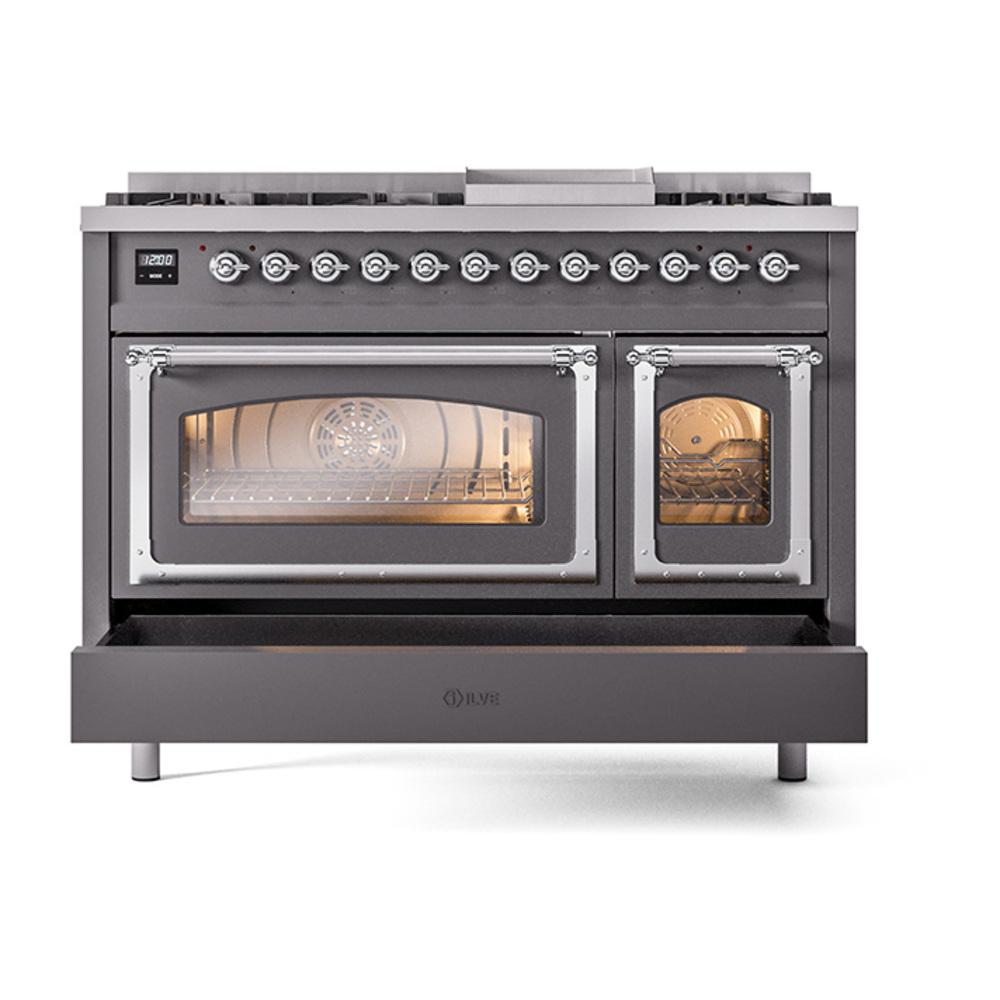 Ilve UN48FNMPMGC Ilve Un48Fnmpmgc Nostalgie Ii Noblesse 48" Dual Fuel Range (8 Sealed Burners + Griddle, Natural Gas, Triple Glass Door, Graphite Matte, Chrome)