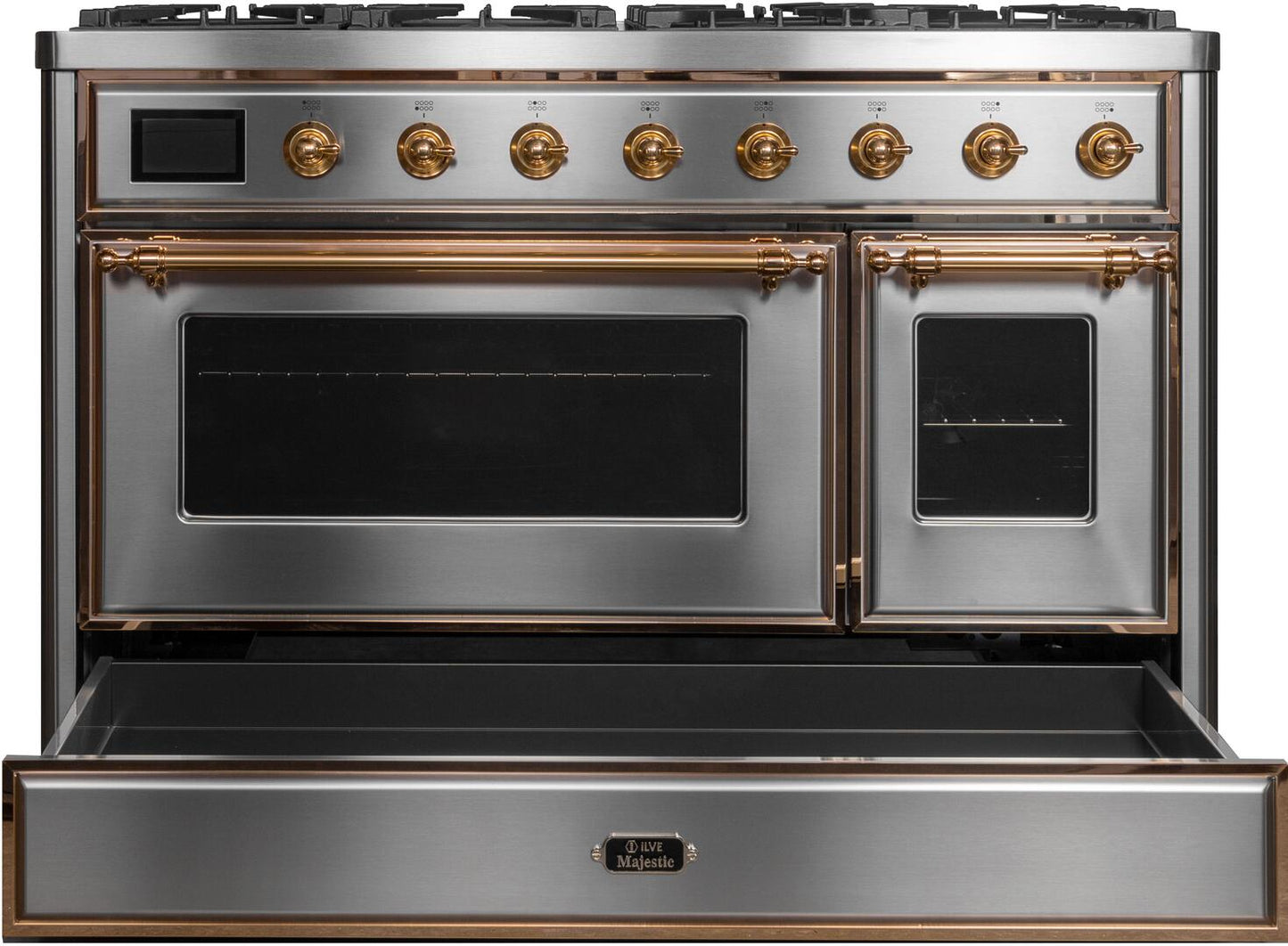 Ilve UM12FDNS3SSG Majestic Ii 48 Inch Dual Fuel Natural Gas Freestanding Range In Stainless Steel With Brass Trim