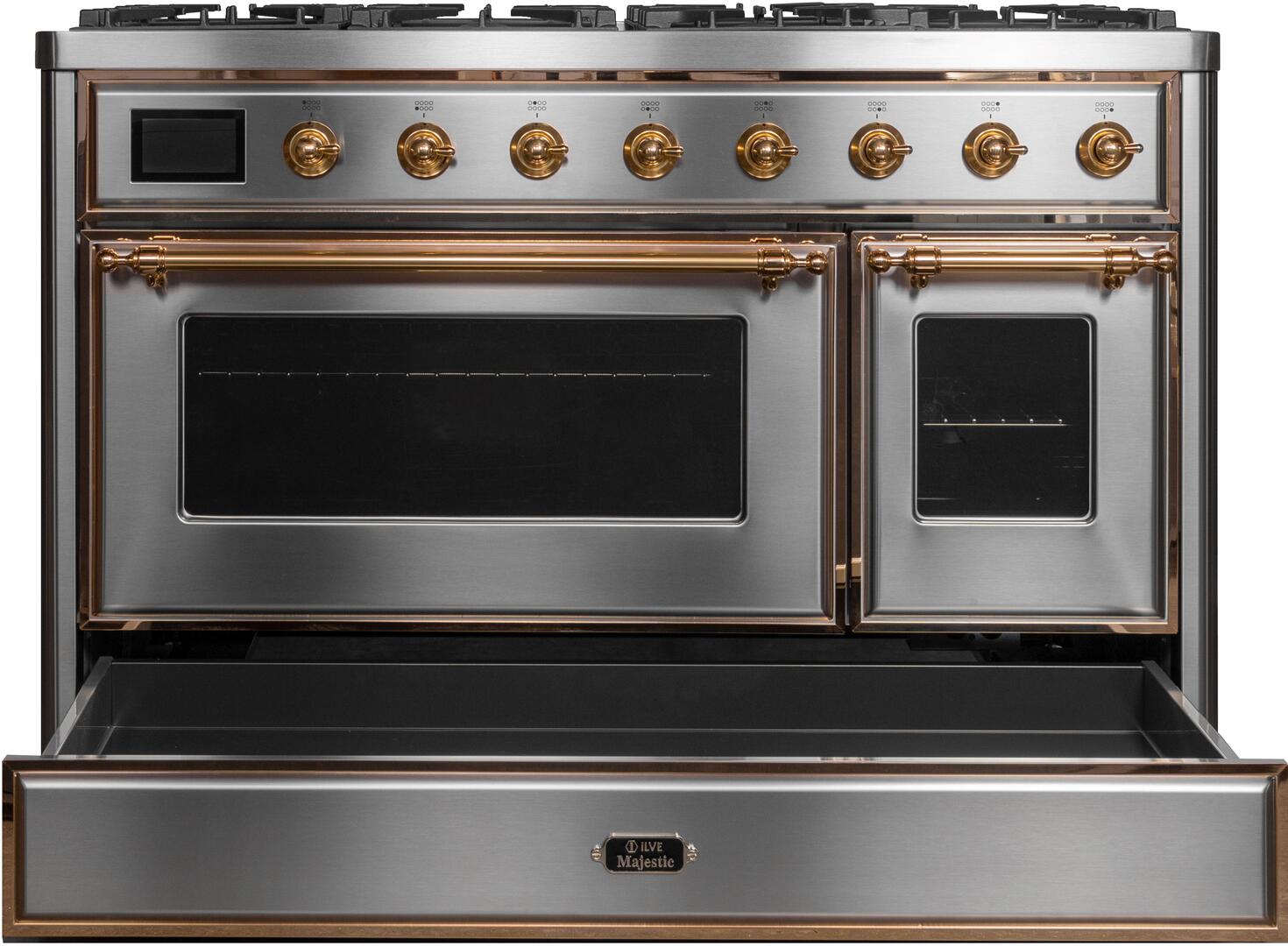Ilve UM12FDNS3SSG Majestic Ii 48 Inch Dual Fuel Natural Gas Freestanding Range In Stainless Steel With Brass Trim
