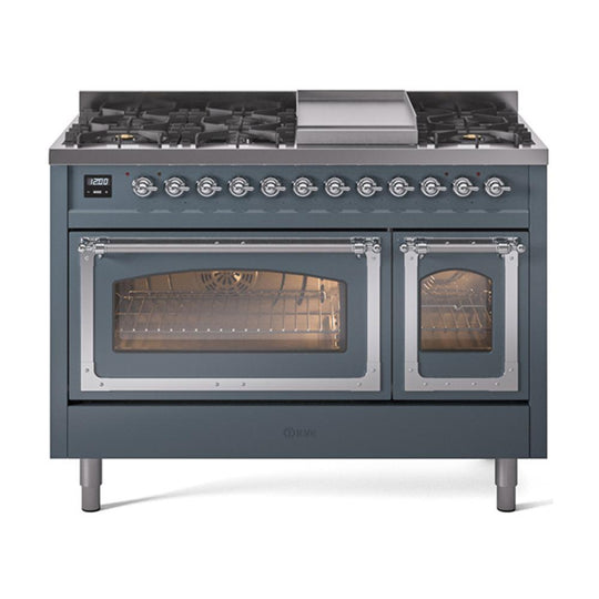 Ilve UN48FNMPBGCLP Ilve Un48Fnmpbgclp Nostalgie Ii Noblesse 48" Dual Fuel Range (8 Sealed Burners + Griddle, Liquid Propane, Triple Glass Door, Blue Grey, Chrome)