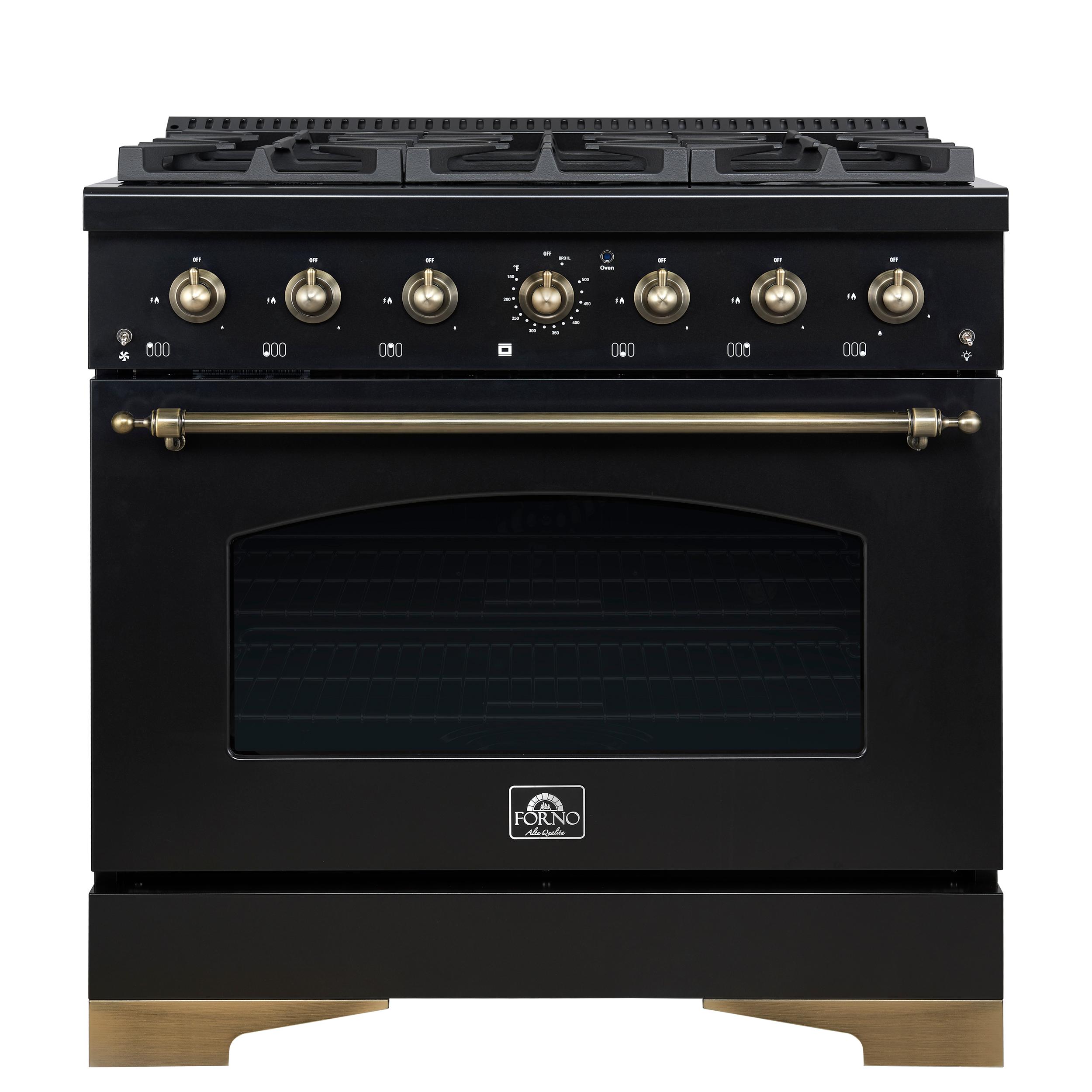 Forno FFSGS621936BLK Forno Antico 36-Inch Freestanding Gas Range, Black, Antique Brass Design, 6 Burners, Convection Oven, Energy Efficient