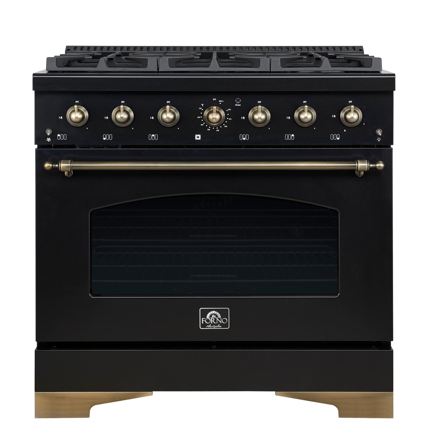 Forno FFSGS621936BLK Forno Antico 36-Inch Freestanding Gas Range, Black, Antique Brass Design, 6 Burners, Convection Oven, Energy Efficient