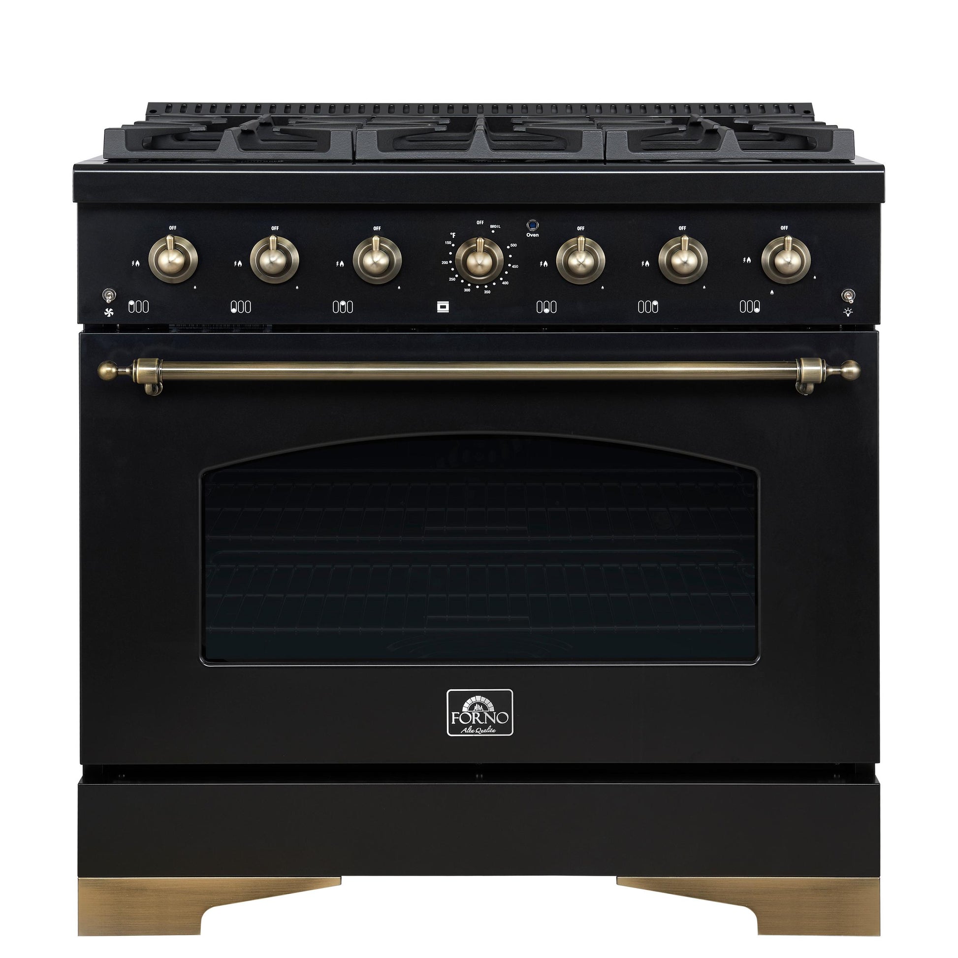 Forno FFSGS621936BLK Forno Antico 36-Inch Freestanding Gas Range, Black, Antique Brass Design, 6 Burners, Convection Oven, Energy Efficient