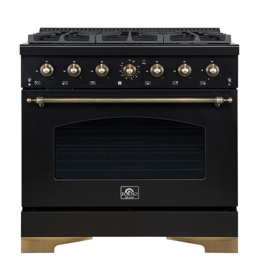 Forno FFSGS621936BLK Forno Antico 36-Inch Freestanding Gas Range, Black, Antique Brass Design, 6 Burners, Convection Oven, Energy Efficient