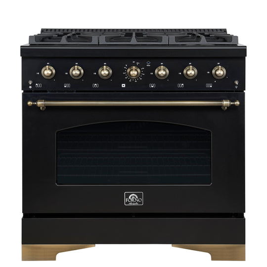 Forno FFSGS621936BLK Forno Antico 36-Inch Freestanding Gas Range, Black, Antique Brass Design, 6 Burners, Convection Oven, Energy Efficient