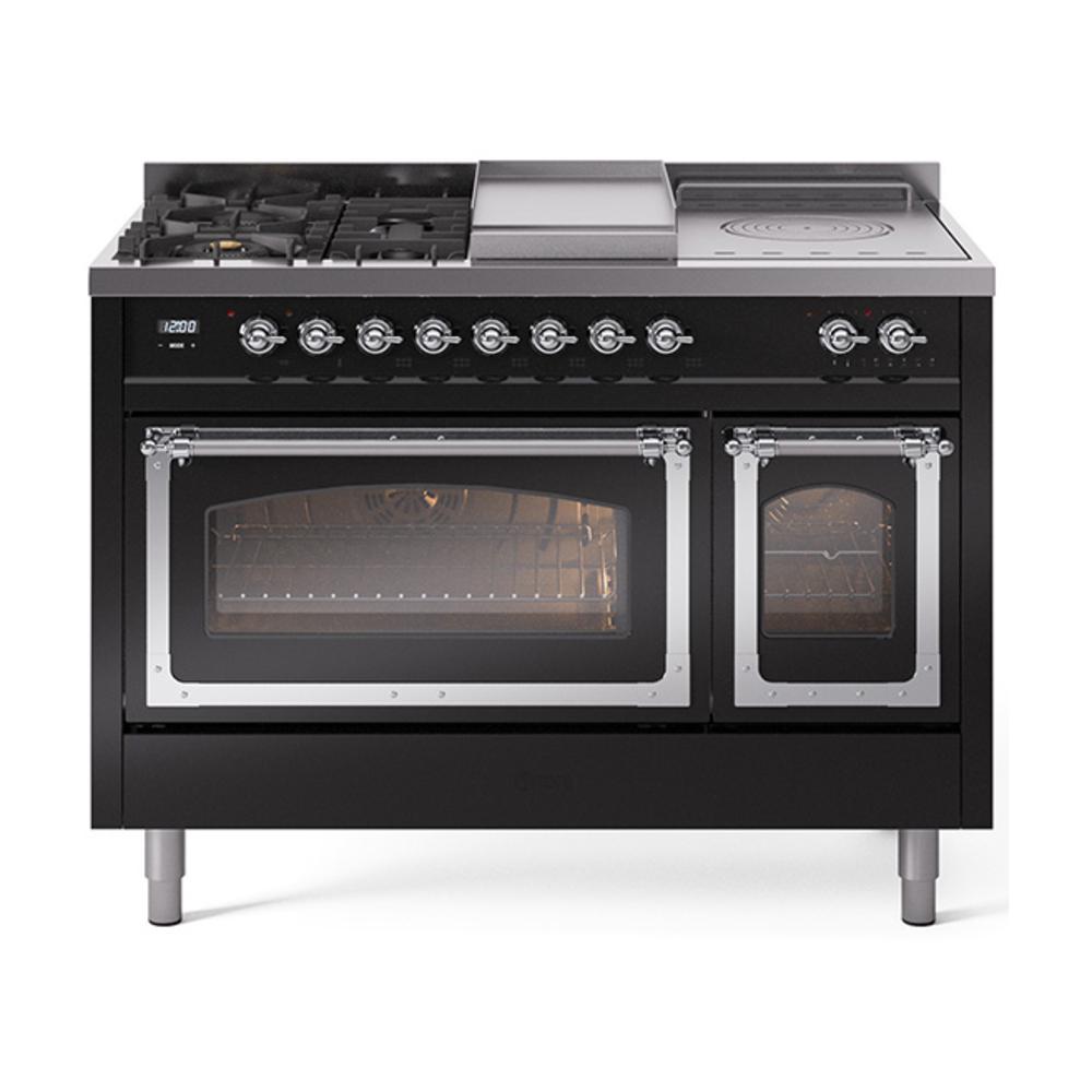 Ilve UN48FSNMPBKCLP Ilve Un48Fsnmpbkclp Nostalgie Ii Noblesse 48" Dual Fuel Range (5 Sealed Burners + Griddle + French Top, Liquid Propane, Triple Glass Door, Glossy Black, Chrome)