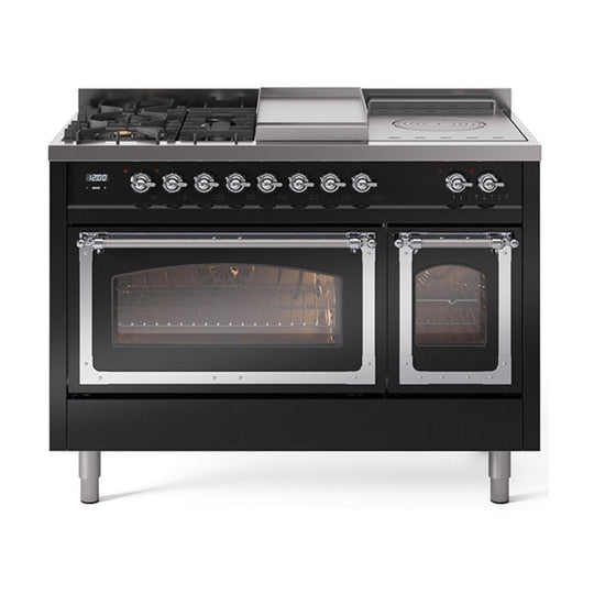 Ilve UN48FSNMPBKCLP Ilve Un48Fsnmpbkclp Nostalgie Ii Noblesse 48" Dual Fuel Range (5 Sealed Burners + Griddle + French Top, Liquid Propane, Triple Glass Door, Glossy Black, Chrome)