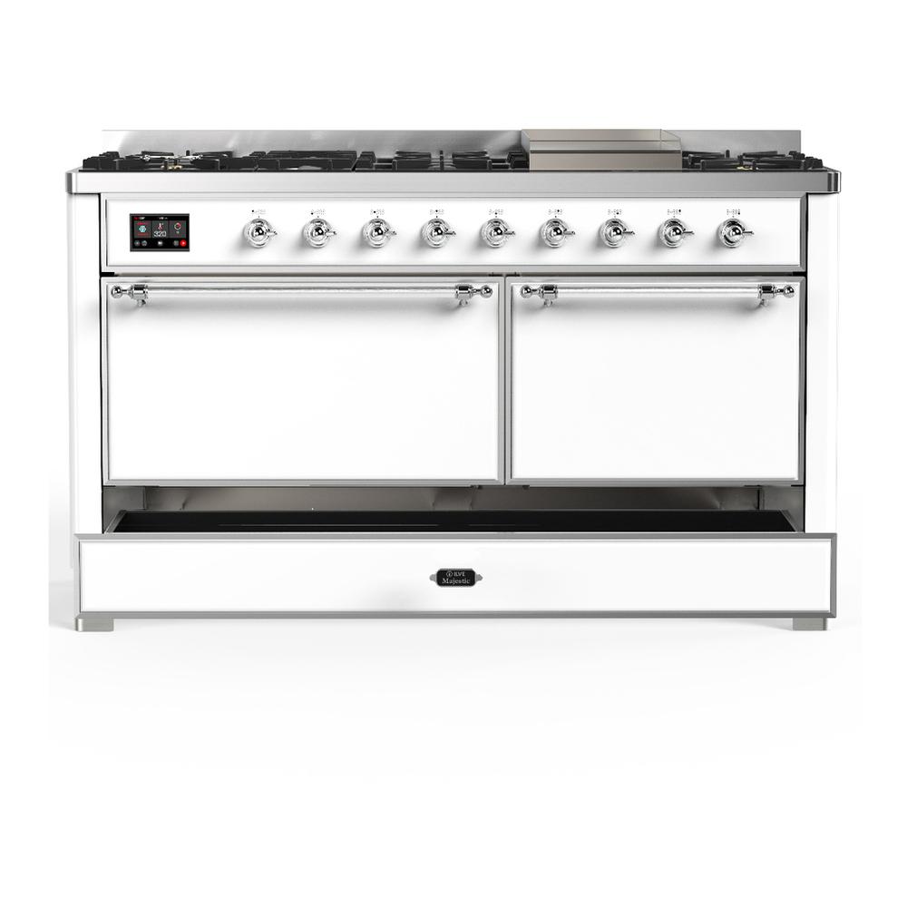 Ilve UM60FQNR3WHC Ilve Um60Fqnr3Whc Majestic Iii 60 Inch Dual Fuel Range With 9 Burners And Griddle, Dual Function Burner Up To 25,000 Btu (Natural Gas, Solid Door, White, Chrome)