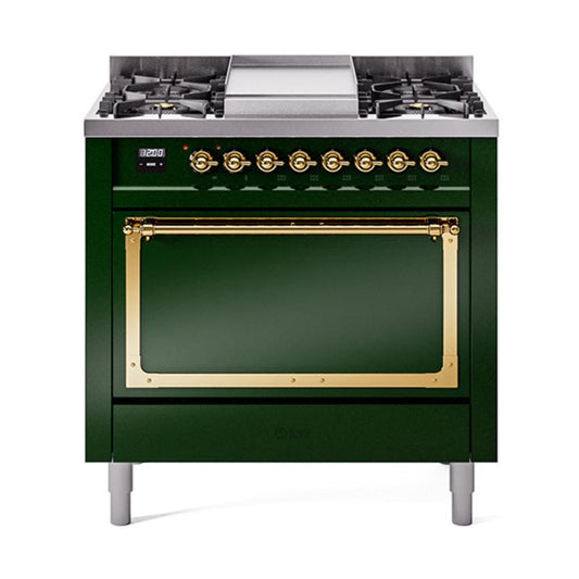 Ilve UN36FQNMPEGG Ilve Un36Fqnmpegg Nostalgie Ii Noblesse 36" Dual Fuel Range (Natural Gas, Solid Door, Emerald Green, Brass)