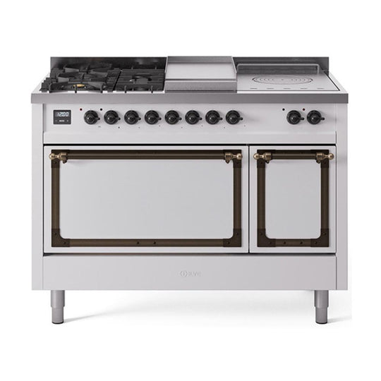 Ilve UN48FSQNMPWHBLP Ilve Un48Fsqnmpwhblp Nostalgie Ii Noblesse 48" Dual Fuel Range (5 Sealed Burners + Griddle + French Top, Liquid Propane, Solid Door, White, Burnished)