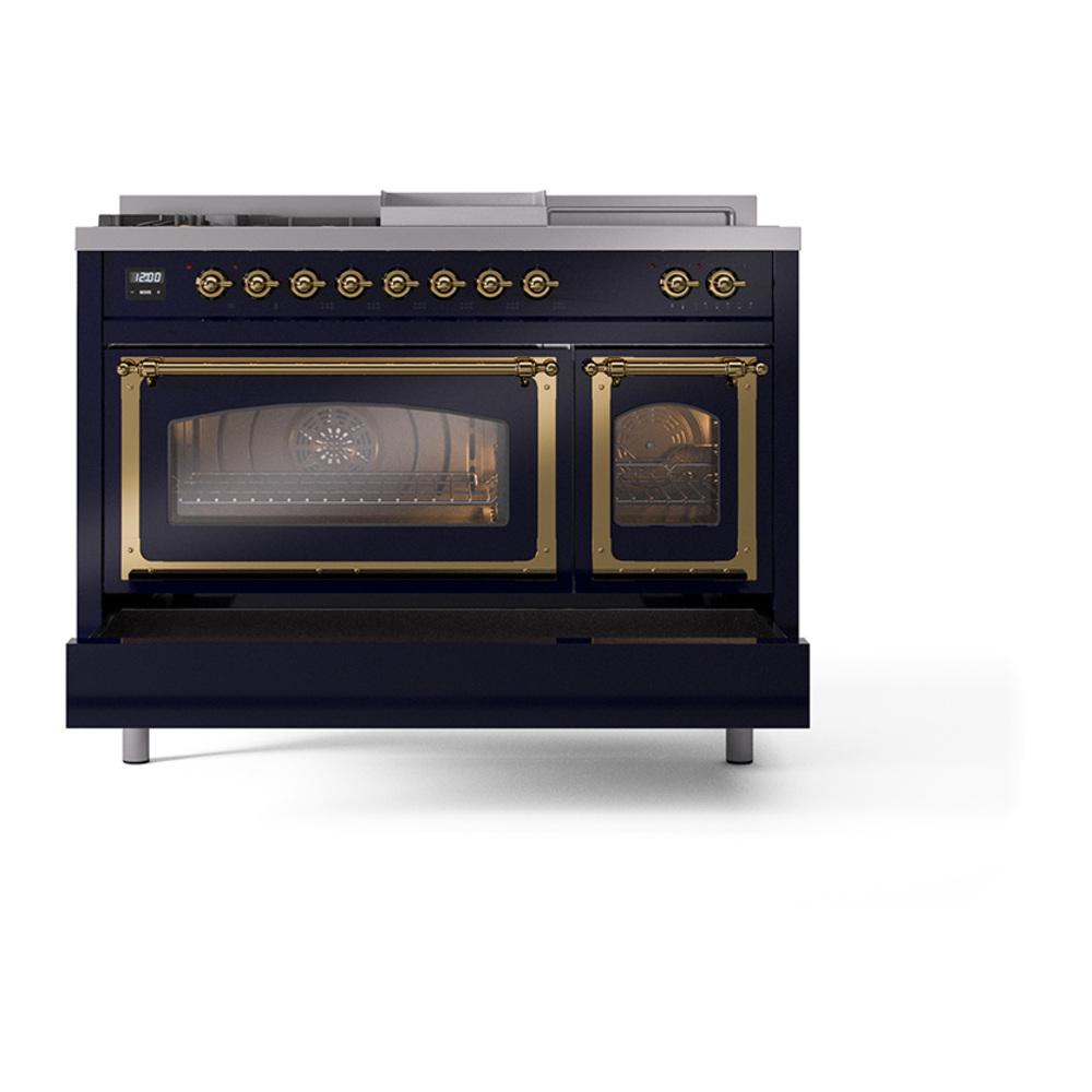 Ilve UN48FSNMPMBG Ilve Un48Fsnmpmbg Nostalgie Ii Noblesse 48" Dual Fuel Range (5 Sealed Burners + Griddle + French Top, Natural Gas, Triple Glass Door, Midnight Blue, Brass)