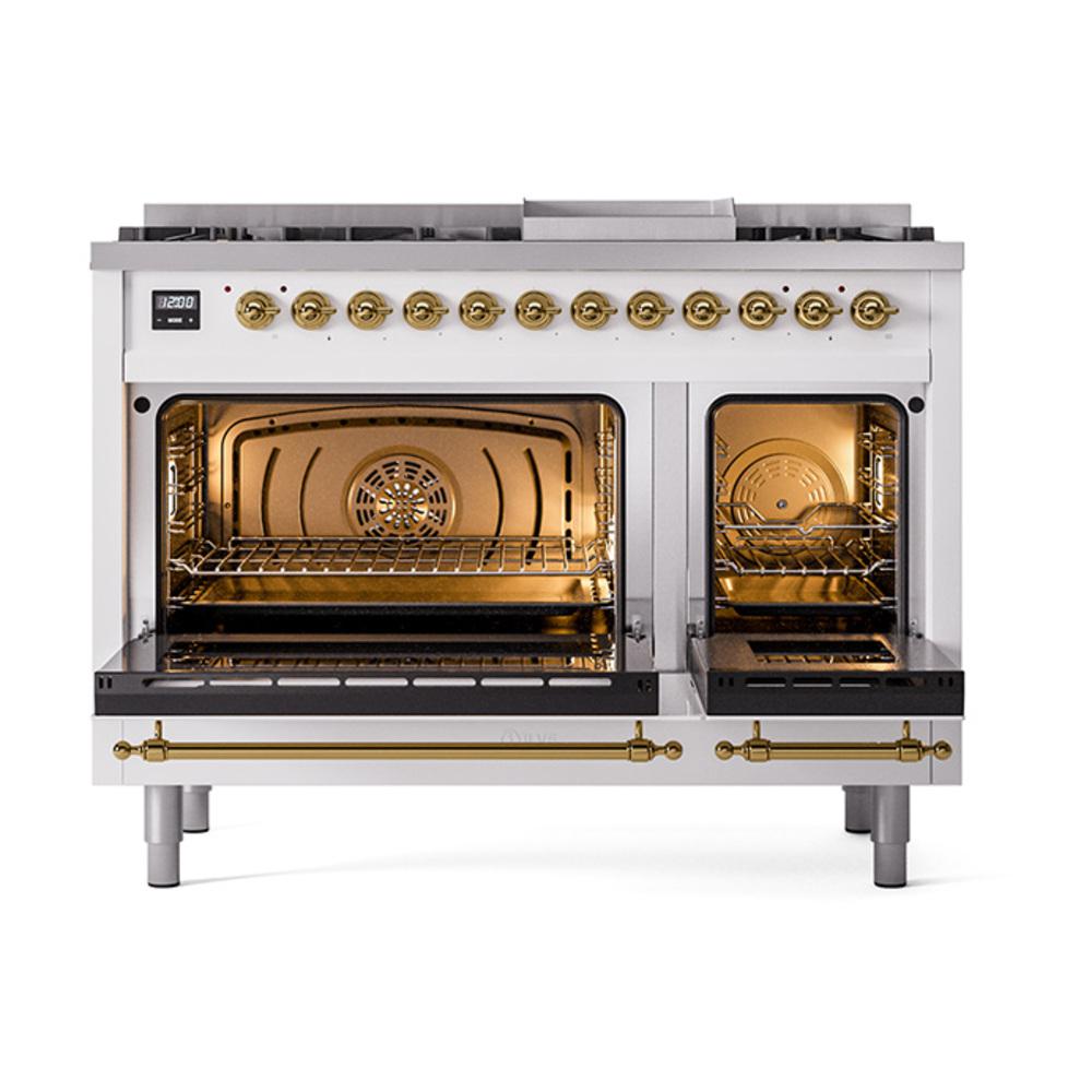 Ilve UN48FNMPWHGLP Ilve Un48Fnmpwhglp Nostalgie Ii Noblesse 48" Dual Fuel Range (8 Sealed Burners + Griddle, Liquid Propane, Triple Glass Door, White, Brass)