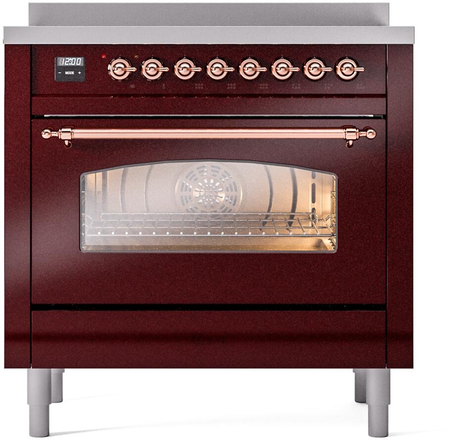 Ilve UPI366NMPBUP Nostalgie Ii 36 Inch Electric Freestanding Range In Burgundy With Copper Trim