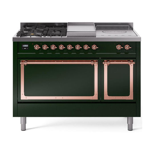 Ilve UN48FSQNMPEGPLP Ilve Un48Fsqnmpegplp Nostalgie Ii Noblesse 48" Dual Fuel Range (5 Sealed Burners + Griddle + French Top, Liquid Propane, Solid Door, Emerald Green, Copper)