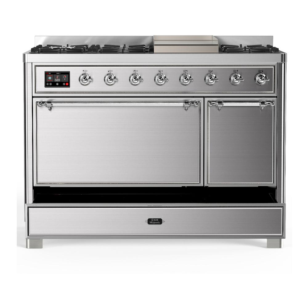 Ilve UM48FQNR3SSCLP Ilve Um48Fqnr3Ssclp Majestic Iii 48 Inch Dual Fuel Range With 8 Burners And Griddle, Dual Function Burner Up To 25,000 Btu (Liquid Propane, Solid Door, Stainless Steel, Chrome)