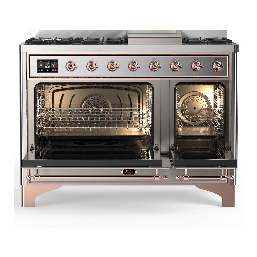 Ilve UM48FQNR3SSP Ilve Um48Fqnr3Ssp Majestic Iii 48 Inch Dual Fuel Range With 8 Burners And Griddle, Dual Function Burner Up To 25,000 Btu (Natural Gas, Solid Door, Stainless Steel, Copper)