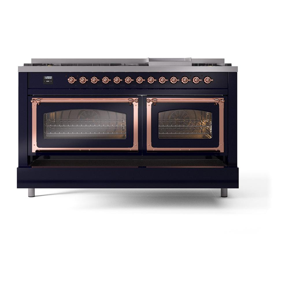 Ilve UN60FNMPMBPLP Ilve Un60Fnmpmbplp Nostalgie Ii Noblesse 60" Dual Fuel Range (9 Sealed Burners + Griddle, Liquid Propane, Triple Glass Door, Midnight Blue, Copper)