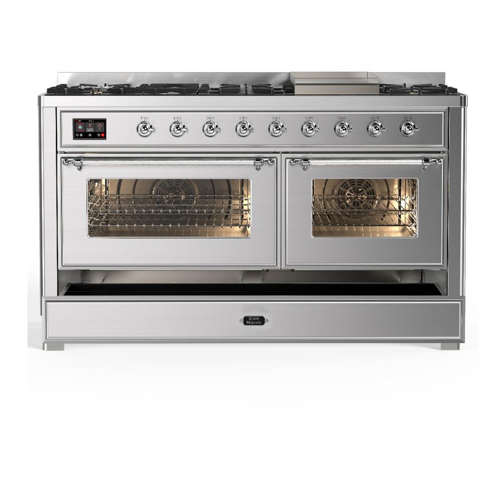 Ilve UM60FNR3SSCLP Ilve Um60Fnr3Ssclp Majestic Iii 60 Inch Dual Fuel Range With 9 Burners And Griddle, Dual Function Burner Up To 25,000 Btu (Liquid Propane, Triple Glass Door, Stainless Steel, Chrome)