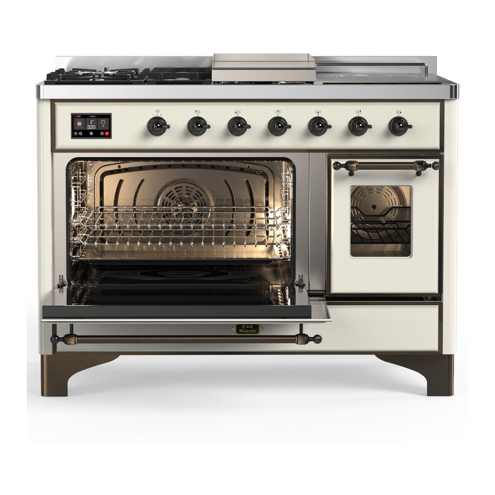 Ilve UM48FSNR3AWB Ilve Um48Fsnr3Awb Majestic Iii 48 Inch Dual Fuel Range With 5 Black Brass Burners, Griddle And French Top, Dual Function Burner Up To 25,000 Btu (Natural Gas, Triple Glass Door, Antique White, Burnished)