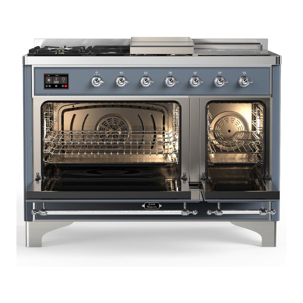 Ilve UM48FSNR3BGC Ilve Um48Fsnr3Bgc Majestic Iii 48 Inch Dual Fuel Range With 5 Black Brass Burners, Griddle And French Top, Dual Function Burner Up To 25,000 Btu (Natural Gas, Triple Glass Door, Blue Grey, Chrome)