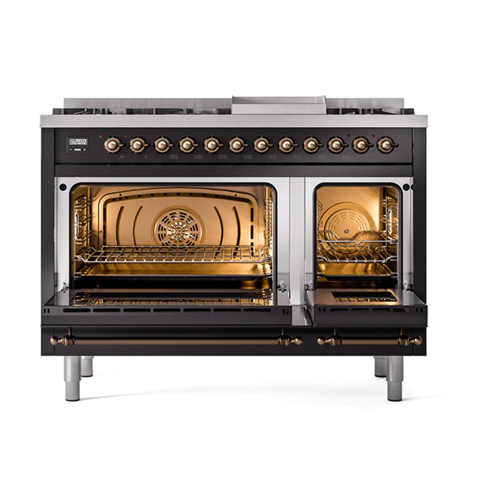 Ilve UN48FNMPBKBLP Ilve Un48Fnmpbkblp Nostalgie Ii Noblesse 48" Dual Fuel Range (8 Sealed Burners + Griddle, Liquid Propane, Triple Glass Door, Glossy Black, Burnished)