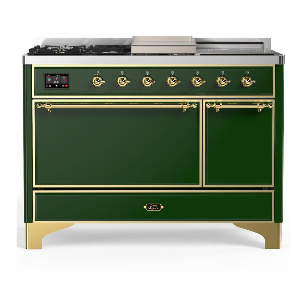 Ilve UM48FSQNR3EGGLP Ilve Um48Fsqnr3Egglp Majestic Iii 48 Inch Dual Fuel Range With 5 Black Brass Burners, Griddle And French Top, Dual Function Burner Up To 25,000 Btu (Liquid Propane, Solid Door, Emerald Green, Brass)