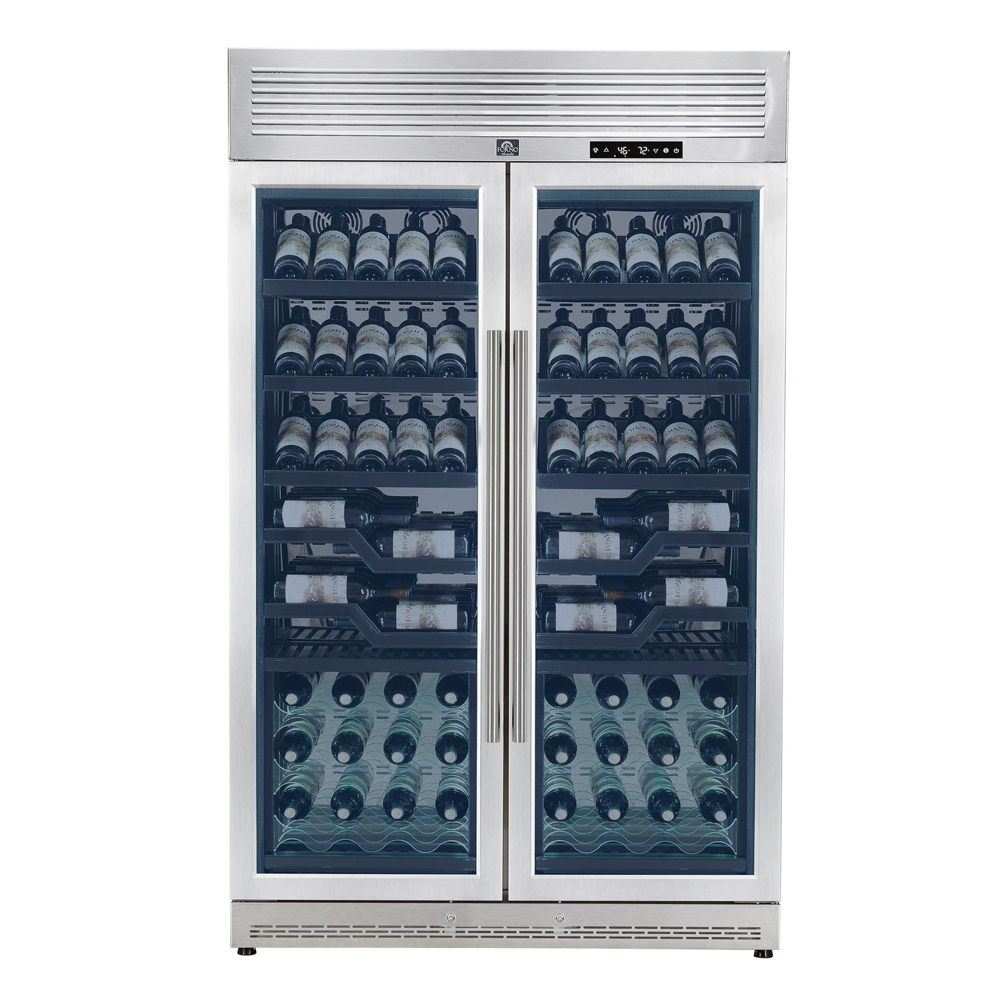 Forno FWCDR661048S Forno Abruzzo 48-Inch Dual Zones Wine Cellar, 102 Bottles, 24 Cu. Ft., Green Acrylic Holders & Black Shelves