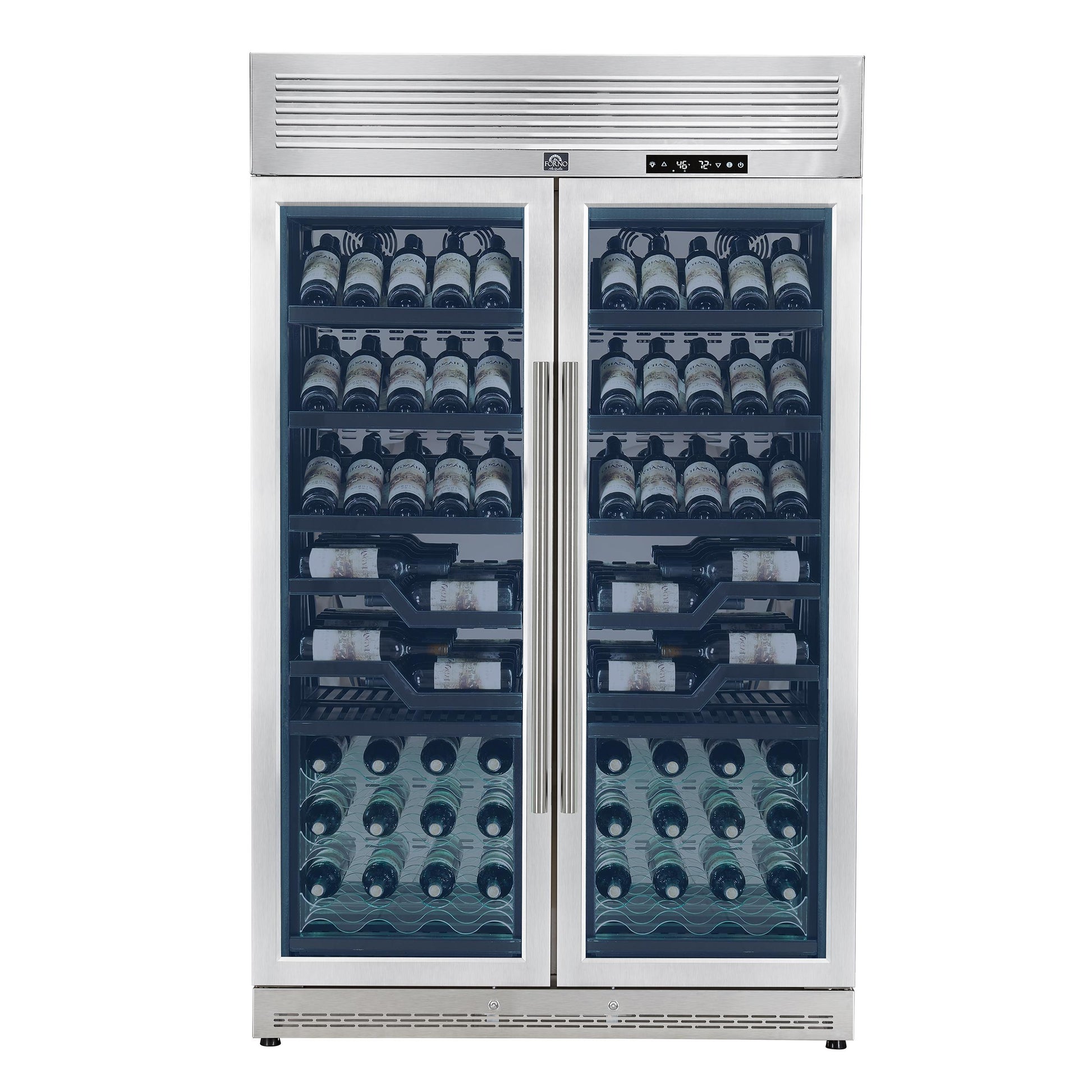 Forno FWCDR661048S Forno Abruzzo 48-Inch Dual Zones Wine Cellar, 102 Bottles, 24 Cu. Ft., Green Acrylic Holders & Black Shelves