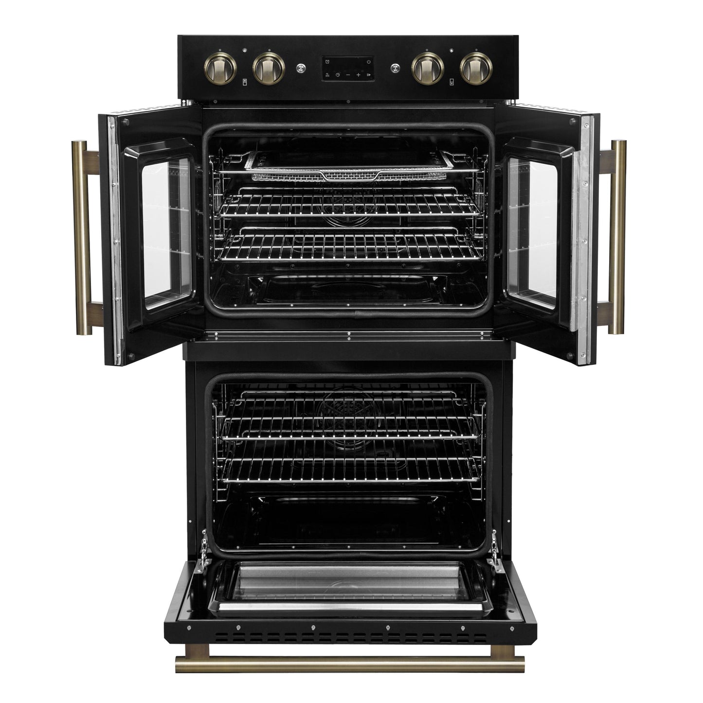 Forno FBOEL134030BLK Forno Asti 30-Inch Double Electric Wall Oven With Upper French Doors In Black & Antique Brass, 7.36 Cu. Ft. Dual True Convection, 7,200W, Air Fry, Sous Vide, Self-Clean