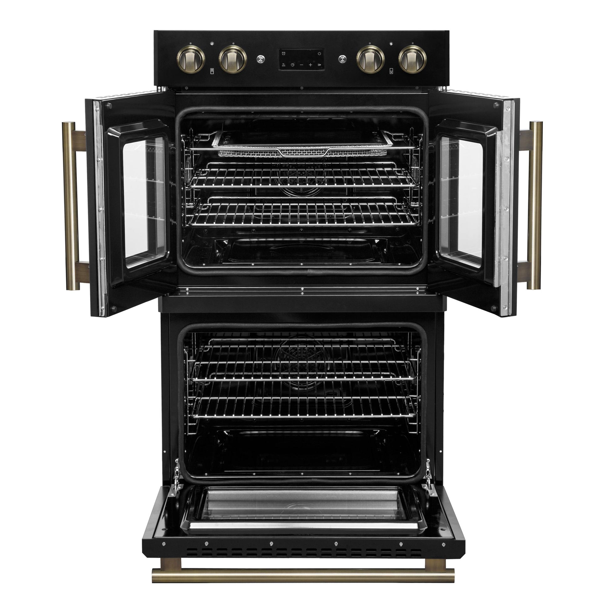 Forno FBOEL134030BLK Forno Asti 30-Inch Double Electric Wall Oven With Upper French Doors In Black & Antique Brass, 7.36 Cu. Ft. Dual True Convection, 7,200W, Air Fry, Sous Vide, Self-Clean