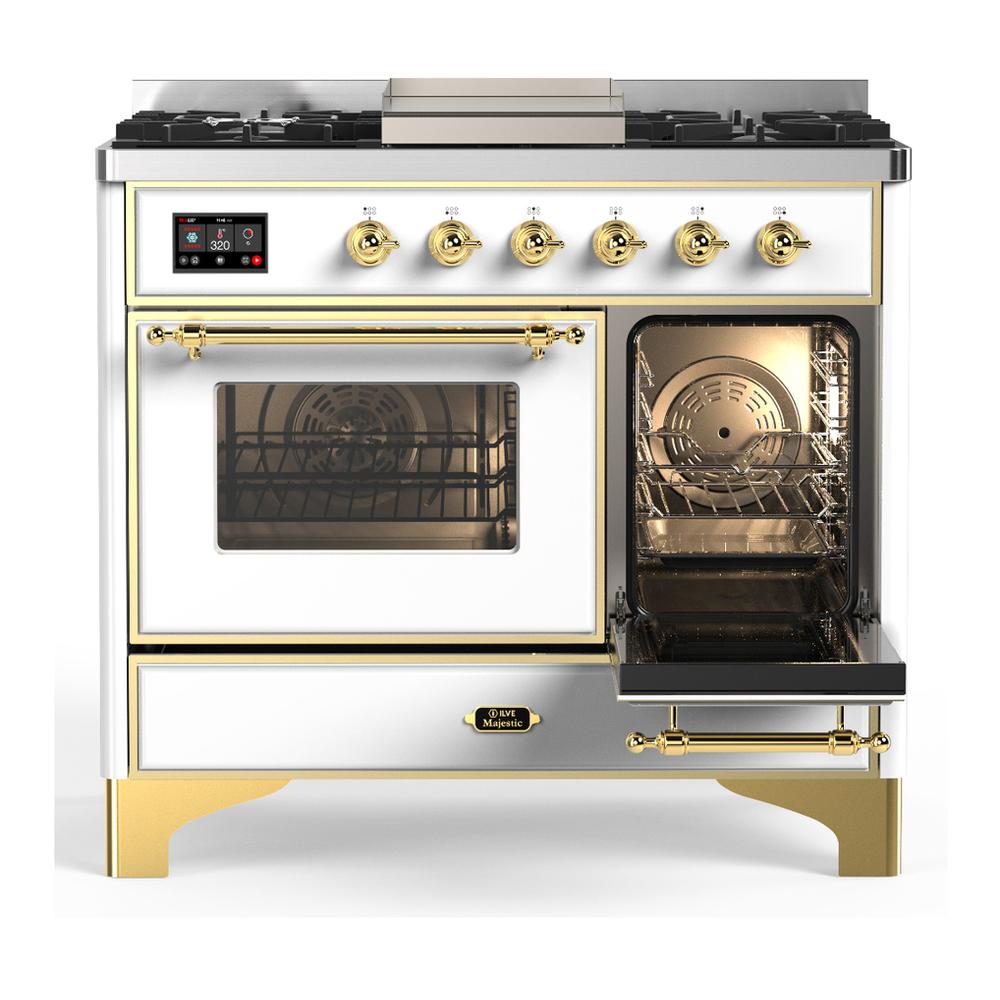 Ilve UMD40FNR3WHG Ilve Umd40Fnr3Whg Majestic Iii 40 Inch Dual Fuel Range With 6 Burners And Griddle, Dual Function Burner Up To 25,000 Btu (Natural Gas, Triple Glass Door, White, Brass)