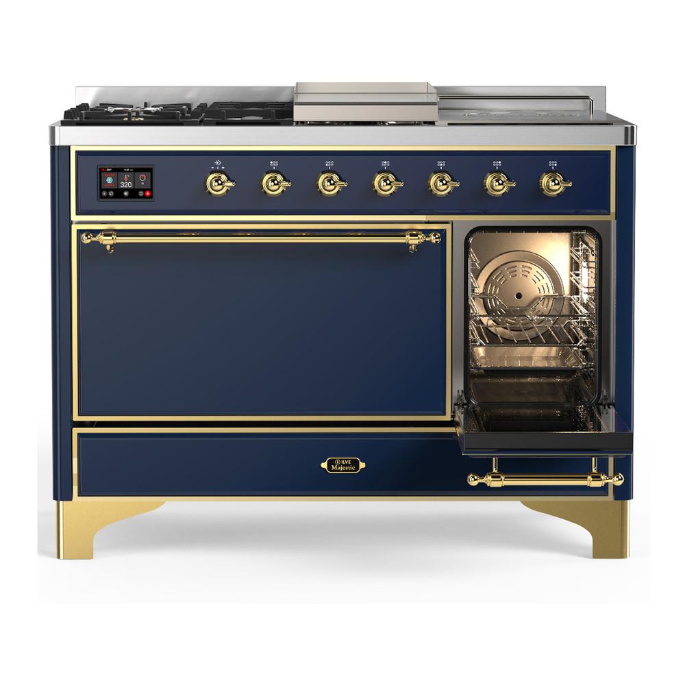 Ilve UM48FSQNR3MBGLP Ilve Um48Fsqnr3Mbglp Majestic Iii 48 Inch Dual Fuel Range With 5 Black Brass Burners, Griddle And French Top, Dual Function Burner Up To 25,000 Btu (Liquid Propane, Solid Door, Midnight Blue, Brass)