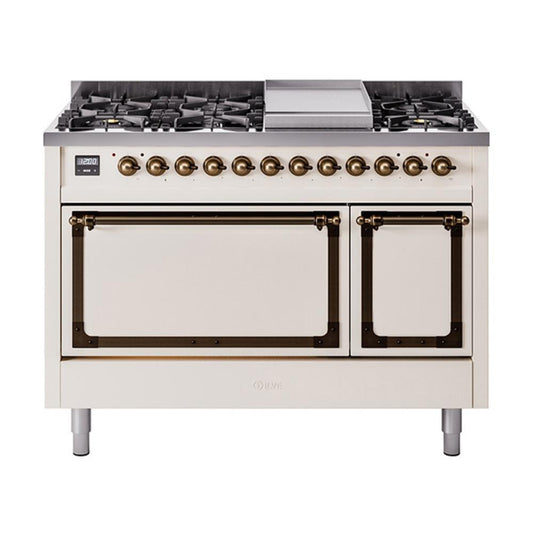 Ilve UN48FQNMPAWB Ilve Un48Fqnmpawb Nostalgie Ii Noblesse 48" Dual Fuel Range (8 Sealed Burners + Griddle, Natural Gas, Solid Door, Antique White, Burnished)