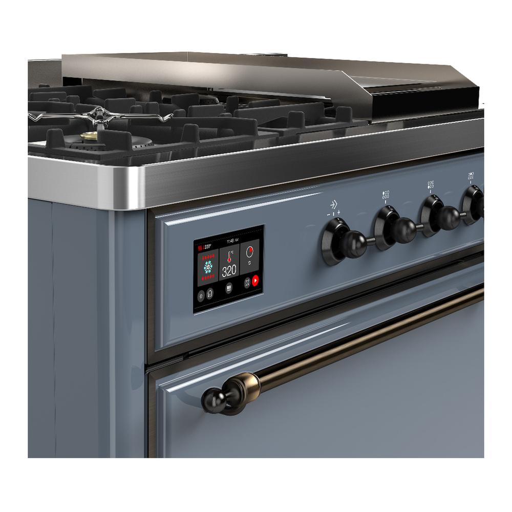 Ilve UM48FSQNR3BGB Ilve Um48Fsqnr3Bgb Majestic Iii 48 Inch Dual Fuel Range With 5 Black Brass Burners, Griddle And French Top, Dual Function Burner Up To 25,000 Btu (Natural Gas, Solid Door, Blue Grey, Burnished)