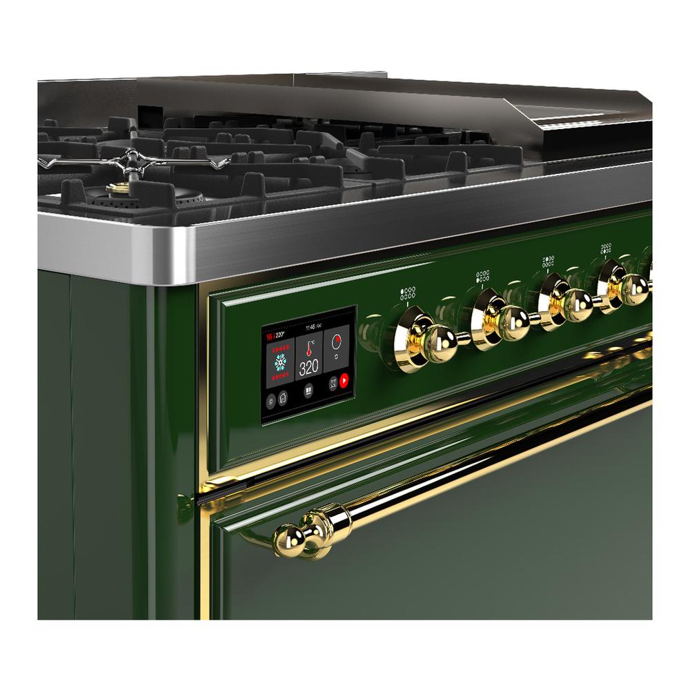 Ilve UM48FQNR3EGG Ilve Um48Fqnr3Egg Majestic Iii 48 Inch Dual Fuel Range With 8 Burners And Griddle, Dual Function Burner Up To 25,000 Btu (Natural Gas, Solid Door, Emerald Green, Brass)
