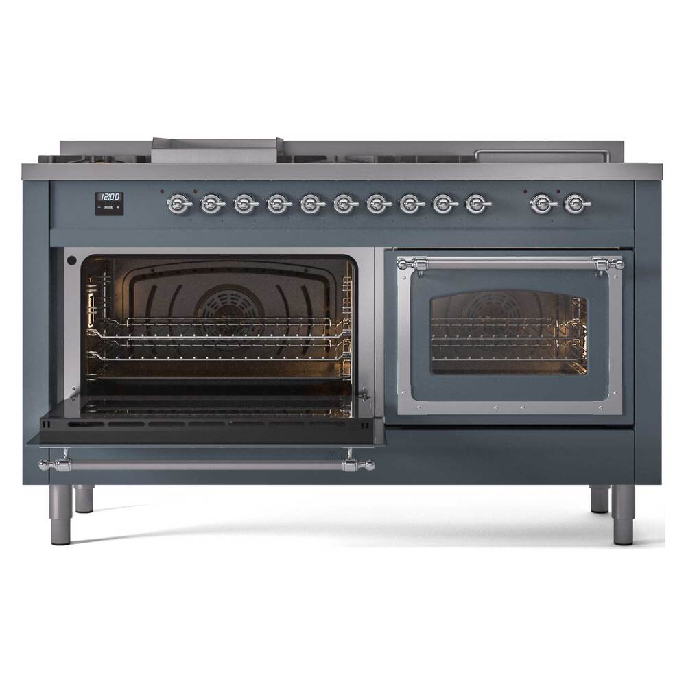Ilve UN60FSNMPBGC Ilve Un60Fsnmpbgc Nostalgie Ii Noblesse 60" Dual Fuel Range (7 Sealed Burners + Griddle + French Top, Natural Gas, Triple Glass Door, Blue Grey, Chrome)