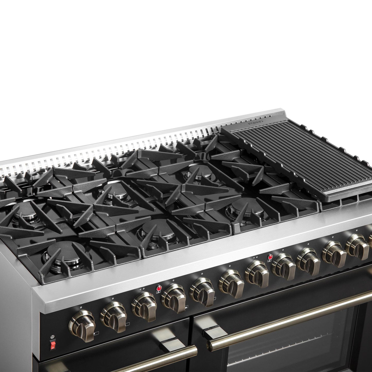 Forno FFSGS615648BLK Galiano 48-Inch Dual Fuel Range Black & Antique Brass Design With 8 Sealed Burners 107,000 Btu, 6.58 Cu. Ft. Double Ovens & Griddle