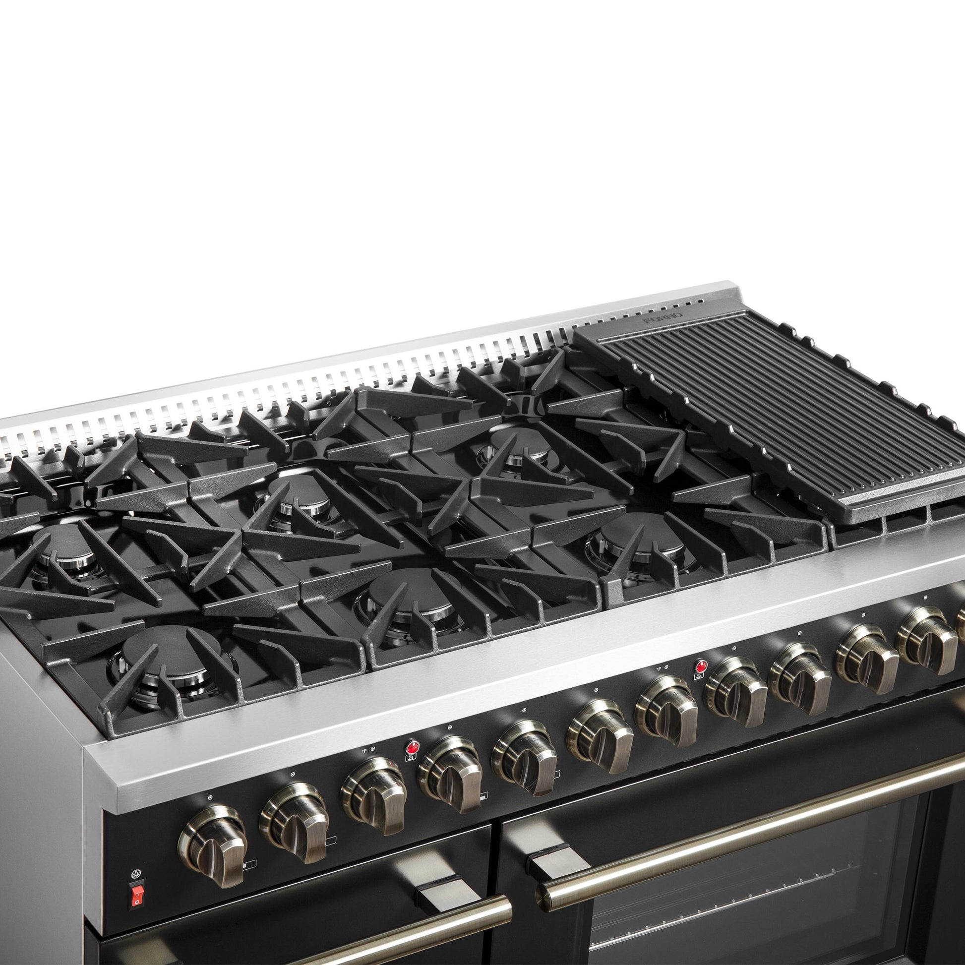 Forno FFSGS615648BLK Galiano 48-Inch Dual Fuel Range Black & Antique Brass Design With 8 Sealed Burners 107,000 Btu, 6.58 Cu. Ft. Double Ovens & Griddle